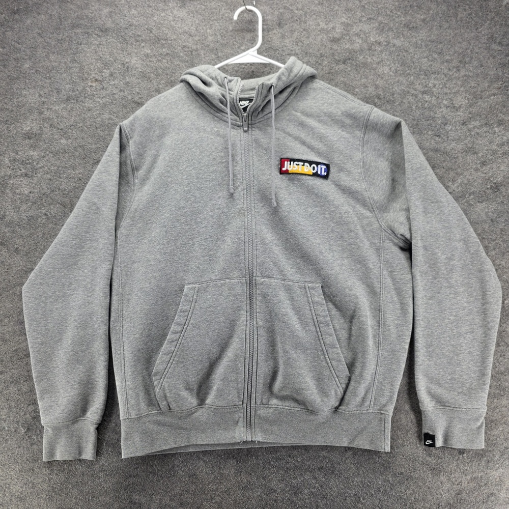 Nike Hoodie Mens Large Gray Full Zip Fleece Sweatshirt Just Do It Patch